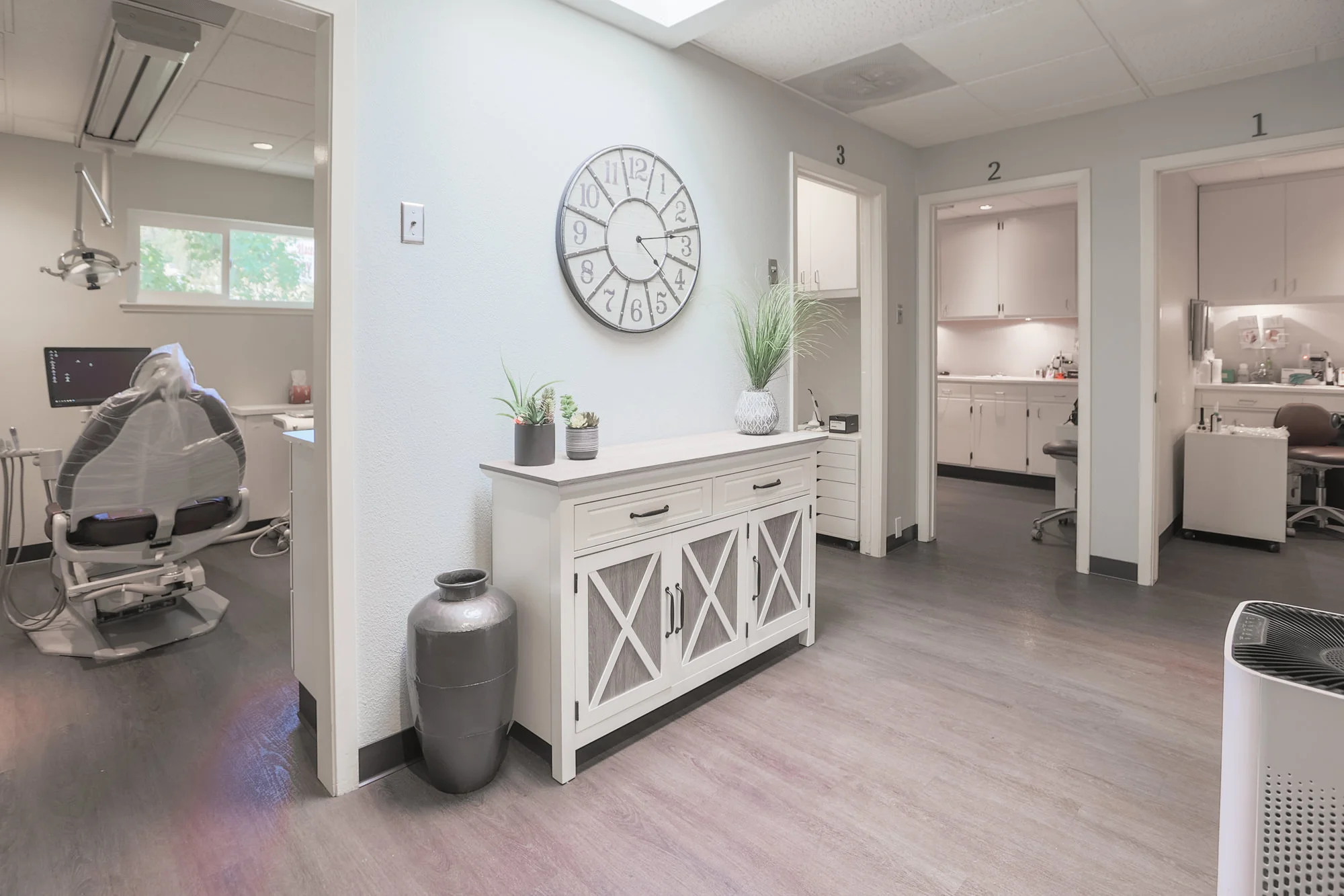 A view into the corridor of a dental clinic showing multiple treatment rooms. On the right, a large clock hangs on the wall above a white console table adorned with potted plants, next to a decorative large vase. The clinic features a modern design with a neutral color palette, wood laminate flooring, and bright lighting. A glimpse into the treatment rooms shows dental chairs and equipment, highlighting the clinic's readiness for patient care.