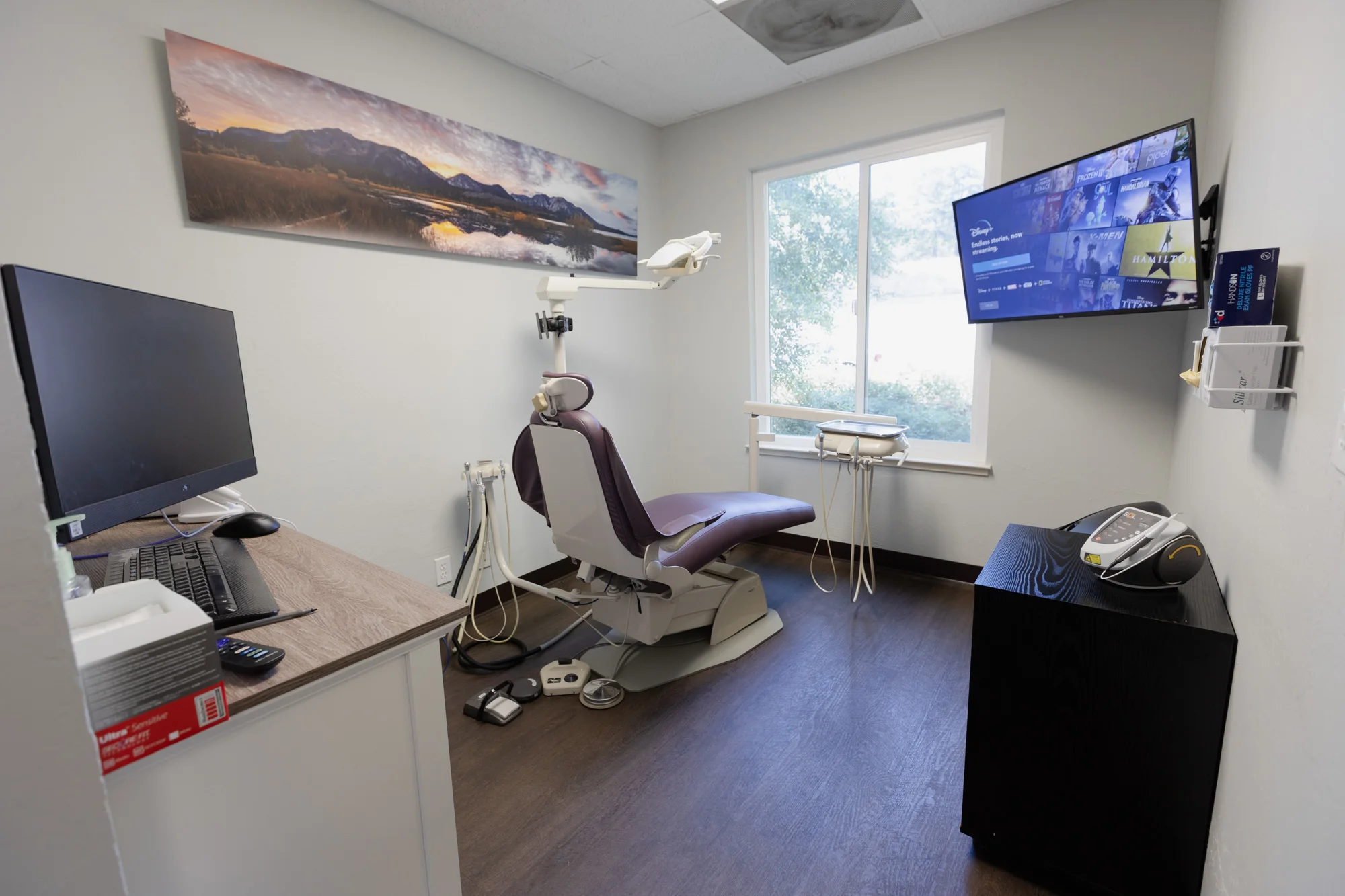 A dental examination room with modern equipment and a comfortable atmosphere. A panoramic landscape painting adorns the wall above a computer workstation. An adjustable purple dental chair is positioned near a window offering natural light, with dental tools on a tray stand by its side. A mounted television screen displays a streaming service menu, suggesting an option for patient entertainment during visits. On the right, a blood pressure monitor rests on a black cabinet, indicating readiness for patient health assessment.