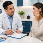 Compassionate dentist speaking with an adult patient holding their cheek in a bright, modern dental office, with a clipboard, insurance card, and financing brochure on the desk.