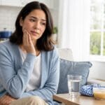 Adult seated at home in a bright living room, gently holding their cheek with a calm, concerned expression beside a glass of saltwater, a wrapped cold pack, folded gauze, and a bowl of soft food.