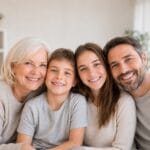 Smiling multigenerational family portrait with a senior woman, young boy, teenage girl, and adult man sitting closely together in a bright, softly lit living room.