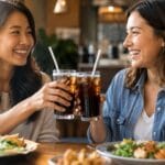Two women smiling and toasting with glasses of iced soda while dining together at a casual restaurant.