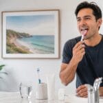 Man using a tongue scraper as part of his daily oral hygiene routine in a bright, modern bathroom.
